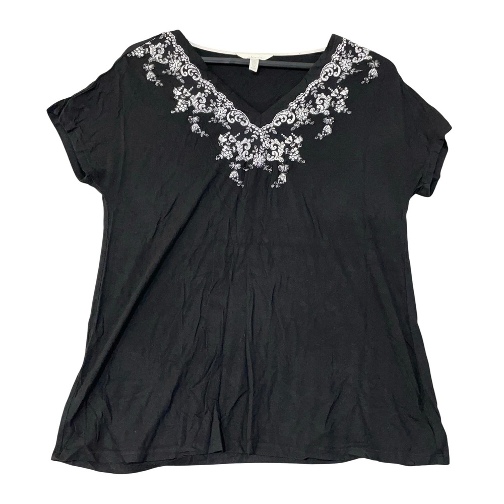 Soma Women's M Black Embroidered V-Neck Top Rayon Spandex Short Sleeve